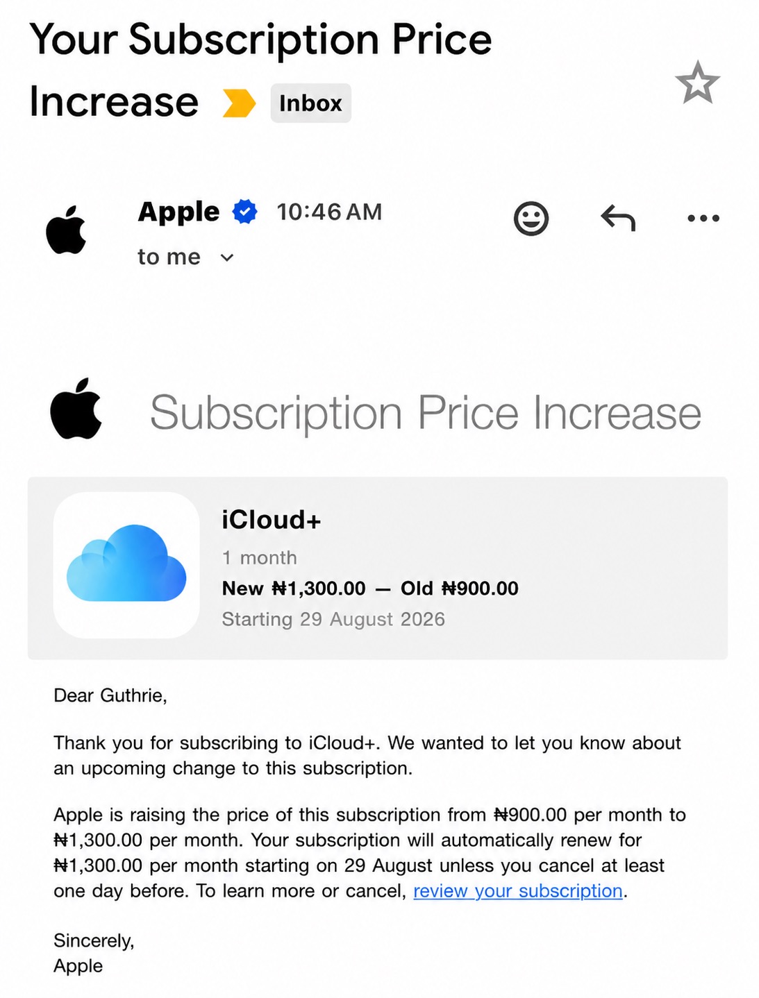 苹果发送的 iCloud+ 尼日利亚涨价邮件截图(订阅卡片与正文)