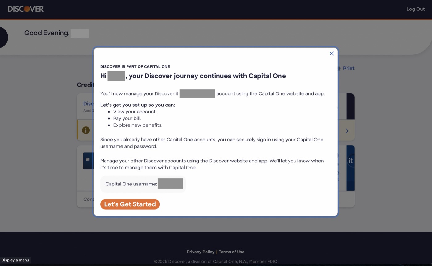 迁移后 Discover 卡并入 Capital One 账户示意(来源:美国信用卡指南文内附图)